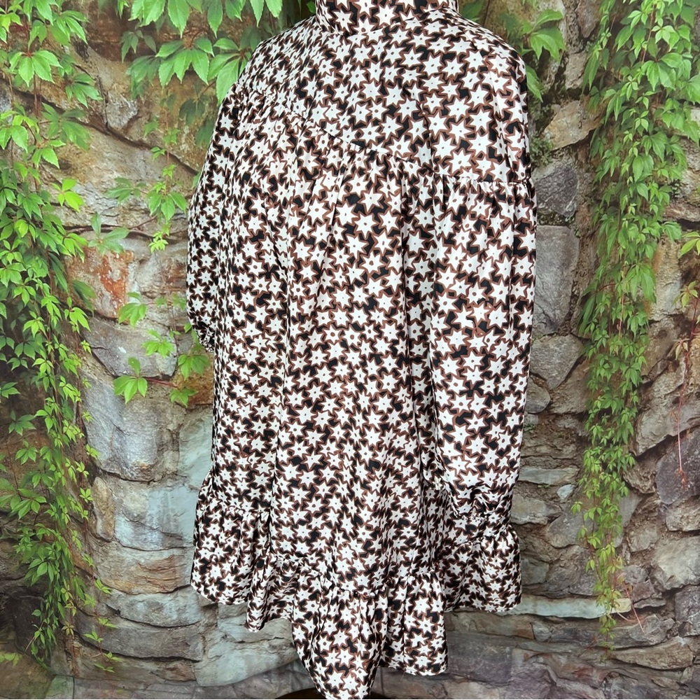 ANTHROPOLOGIE Quiet Luxury Cocoa Star Dot Print Mini Swing Dress, L - Picture 6 of 10